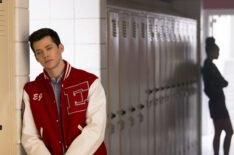 Matt Cornett as EJ leaning against a locker with gina outline in the background in High School Musical: The Musical: The Series - Season 2, Episode 12