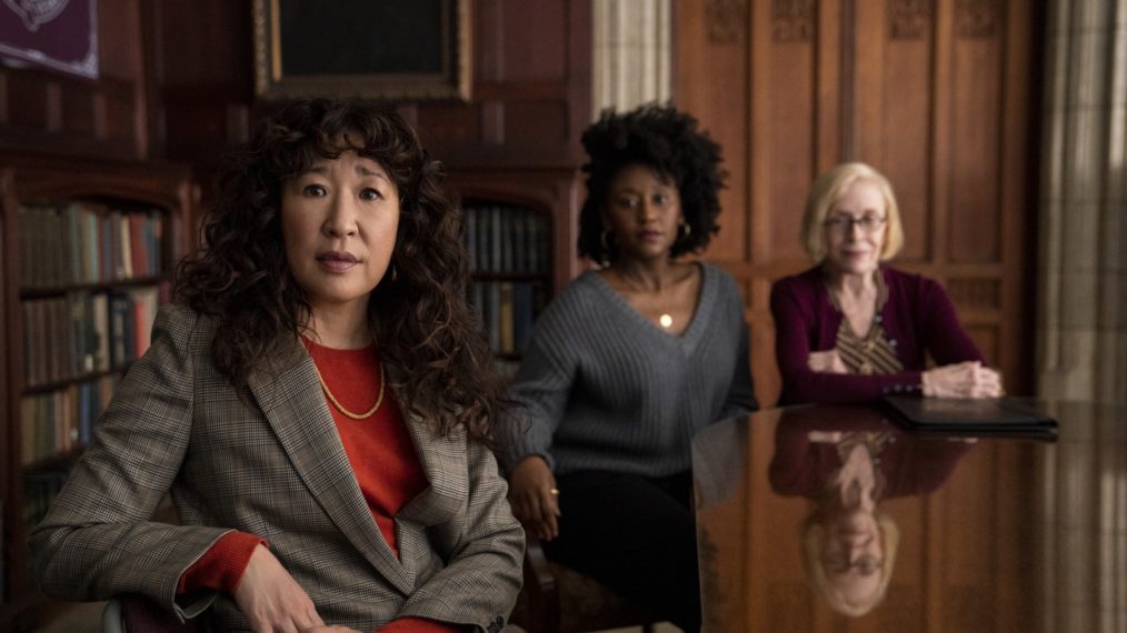 Sandra Oh as Ji-Yoon, Nana Mensah as Yaz, and Holland Taylor as Joan in Episode 106 of The Chair on Netflix