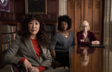 Sandra Oh as Ji-Yoon, Nana Mensah as Yaz, and Holland Taylor as Joan in Episode 106 of The Chair on Netflix