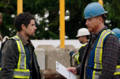 Benjamin Hollingsworth as Brady and Sandy Robson as Jeb on a construction site in Virgin River - Season 3, Episode 2