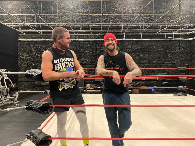 CM Punk and Stephen Amell on 'Heels' Set