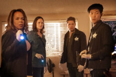 Paula Newsome as Maxine Roby, Jorja Fox as Sara Sidle, Matt Lauria as Joshua Folsom, and Jay Lee as Chris Park in CSI: Vegas - 'Legacy'