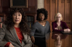 Sandra Oh as Ji-Yoon, Nana Mensah as Yaz, and Holland Taylor as Joan in Episode 106 of The Chair on Netflix