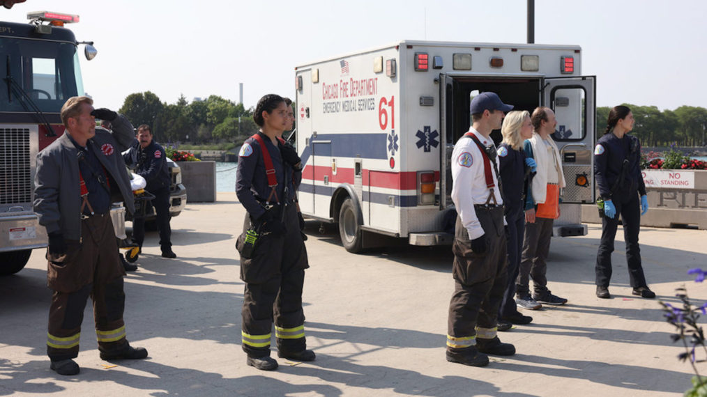 Christian Stolte as Mouch, Miranda Rae Mayo as Kidd, Jesse Spencer as Casey in Chicago Fire