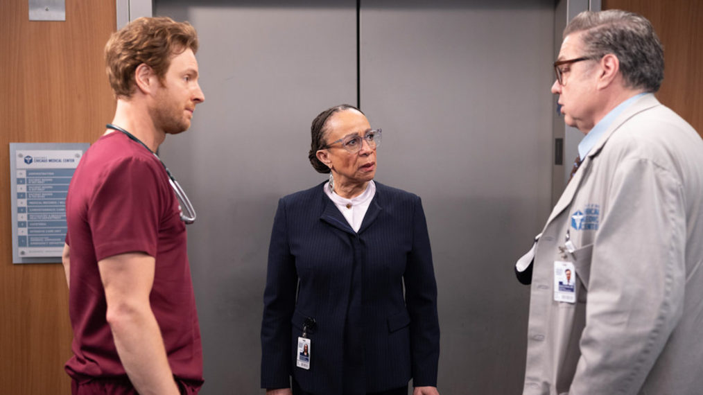 Nick Gehlfuss as Dr. Will Halstead, S. Epatha Merkerson as Sharon Goodwin, Oliver Platt as Daniel Charles in Chicago Med