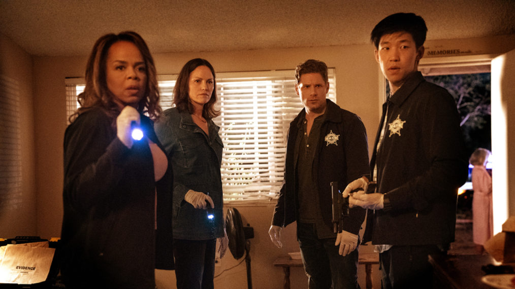 Paula Newsome as Maxine Roby, Jorja Fox as Sara Sidle, Matt Lauria as Joshua Folsom, and Jay Lee as Chris Park in CSI: Vegas - 'Legacy'