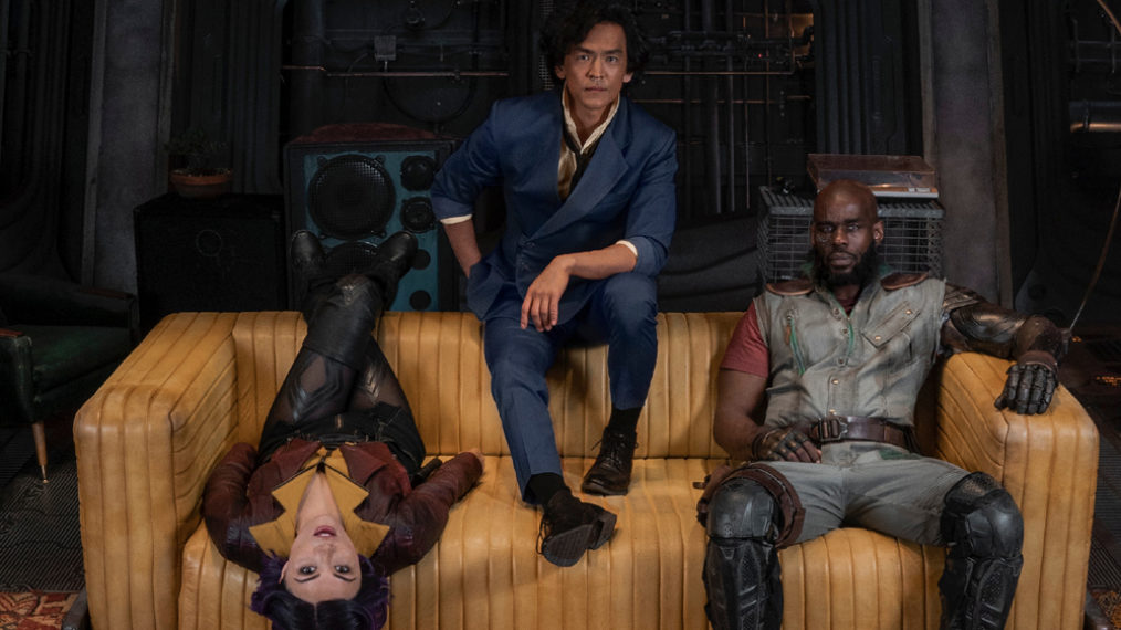 Daniella Pineda as Faye, John Cho as Spike, and Mustafa Shakir as Jet Black in Cowboy Bebop