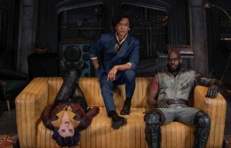 Daniella Pineda as Faye, John Cho as Spike, and Mustafa Shakir as Jet Black in Cowboy Bebop