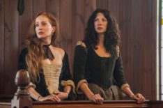 Outlander Season 1 Lotte Verbeek and Caitriona Balfe as Geillis and Claire