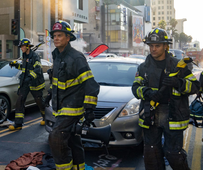 Oliver Stark, Peter Krause and Ryan Guzman in 9-1-1