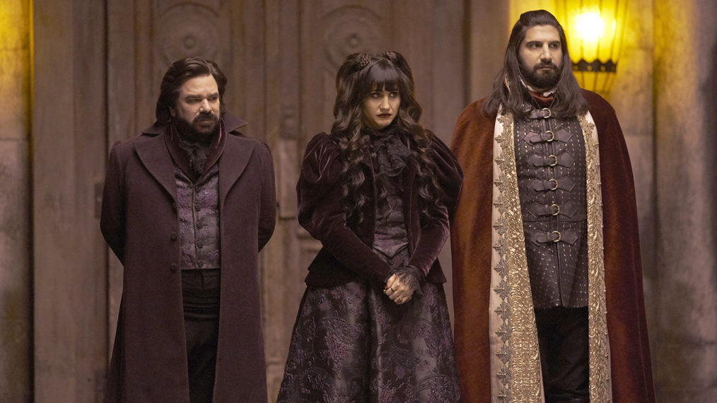 Matt Berry as Laszlo, Natasia Demetriou as Nadja, Kayvan Novak as Nandor in What We Do in the Shadows