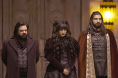 Matt Berry as Laszlo, Natasia Demetriou as Nadja, Kayvan Novak as Nandor in What We Do in the Shadows