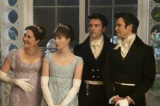 Bridgerton Season 2 - Ruth Gemmell as Lady Violet Bridgerton, Claudia Jessie as Eloise Bridgerton, Jonathan Bailey as Anthony Bridgerton, and Luke Thompson as Benedict