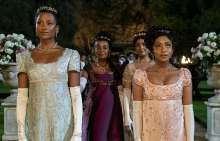 Bridgerton Season 2 - Simone Ashley as Kate Sharma, Adjoa Andoh as Lady Danbury, Shelley Conn as Mary Sharma, Charithra Chandran as Edwina Sharma