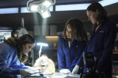 Mandeep Dhillon as Allie Rajan, Paula Newsome as Maxine Roby, and Jorja Fox as Sara Sidle in CSI Vegas - 'Legacy'