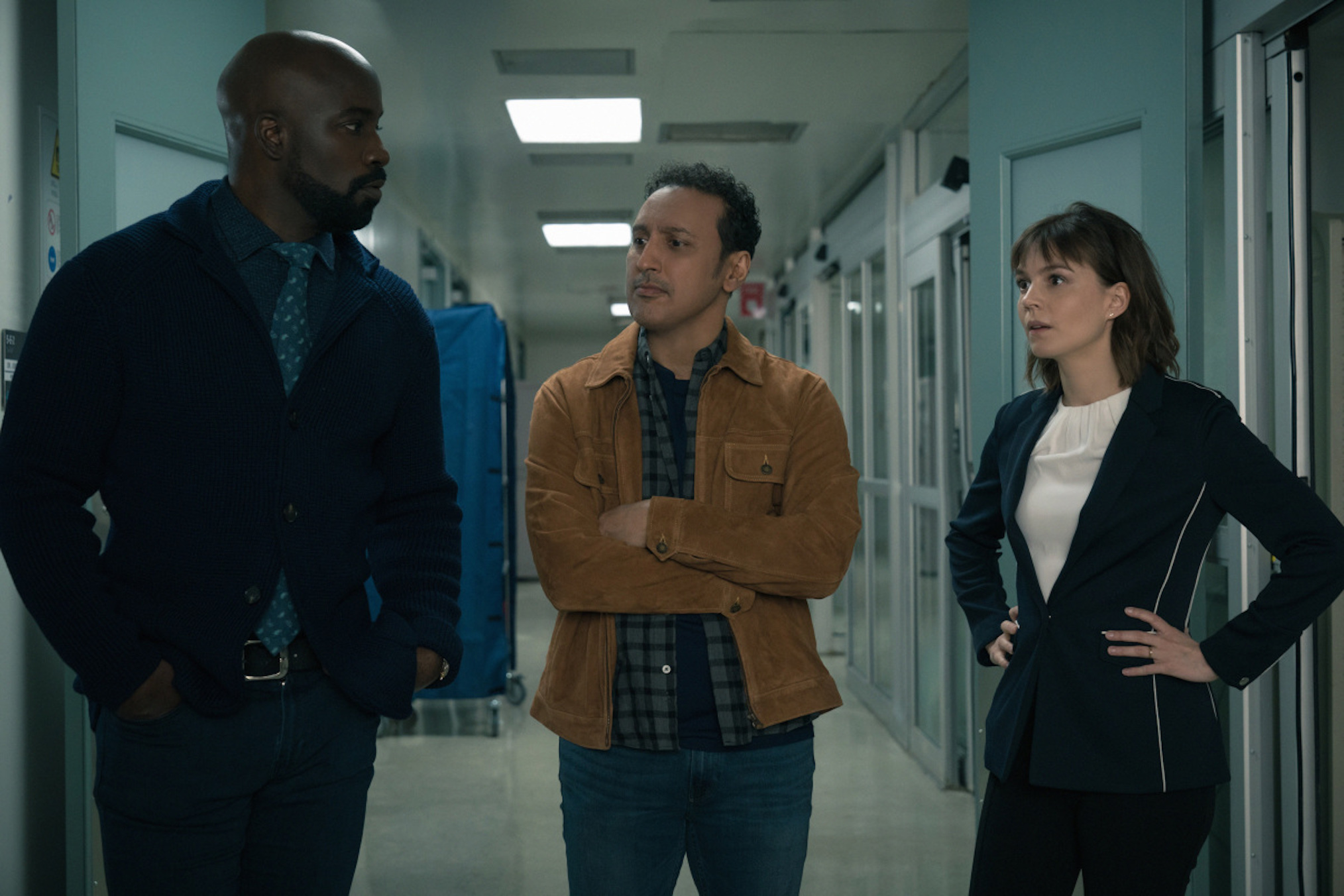 Mike Colter as David, Aasif Mandvi as Ben, Katja Herbers as Kristen in Evil