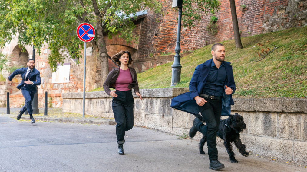 Zeeko Zaki as OA, Heida Reed as Kellett, and Luke Kleintank as Forrester running in FBI International
