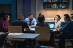 Alana De La Garza as Special Agent in Charge Isobel Castille, Miguel Gomez as Special Agent Ivan Ortiz, Zeeko Zaki as Special Agent Omar Adom 'OA' Zidan, Roxy Sternberg as Special Agent Sheryll Barnes, Alexa Davalos as Special Agent Kristin Gaines, and Julian McMahon as Supervisory Special Agent Jess LaCroix in the Season 3 Premiere of FBI Most Wanted