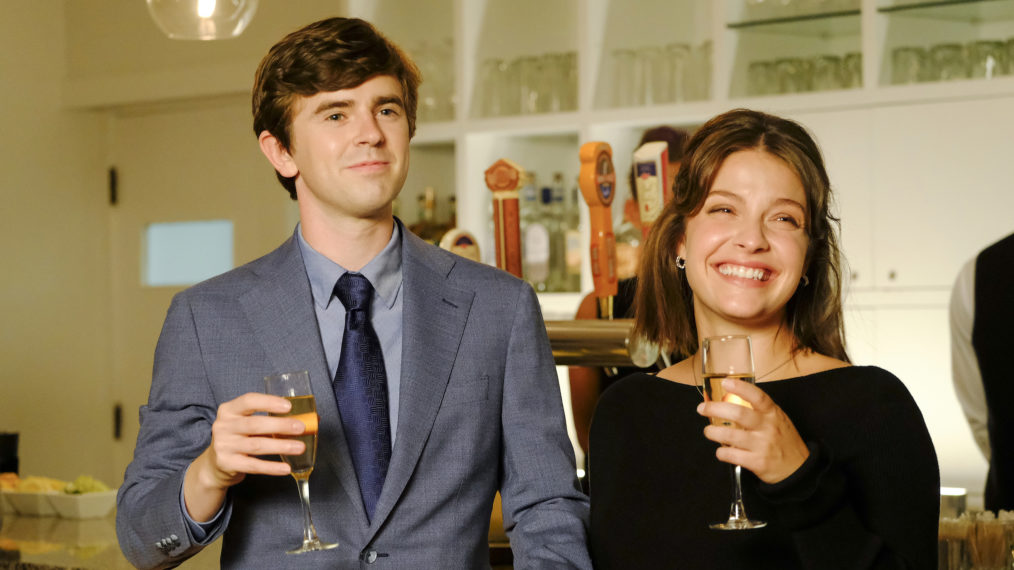 Freddie Highmore as Shaun, Paige Spara as Lea toasting champagne in The Good Doctor