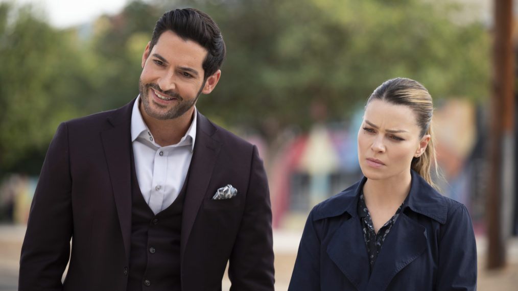 Tom Ellis as Lucifer, Lauren German as Chloe in Lucifer