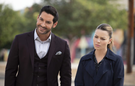 Tom Ellis as Lucifer, Lauren German as Chloe in Lucifer