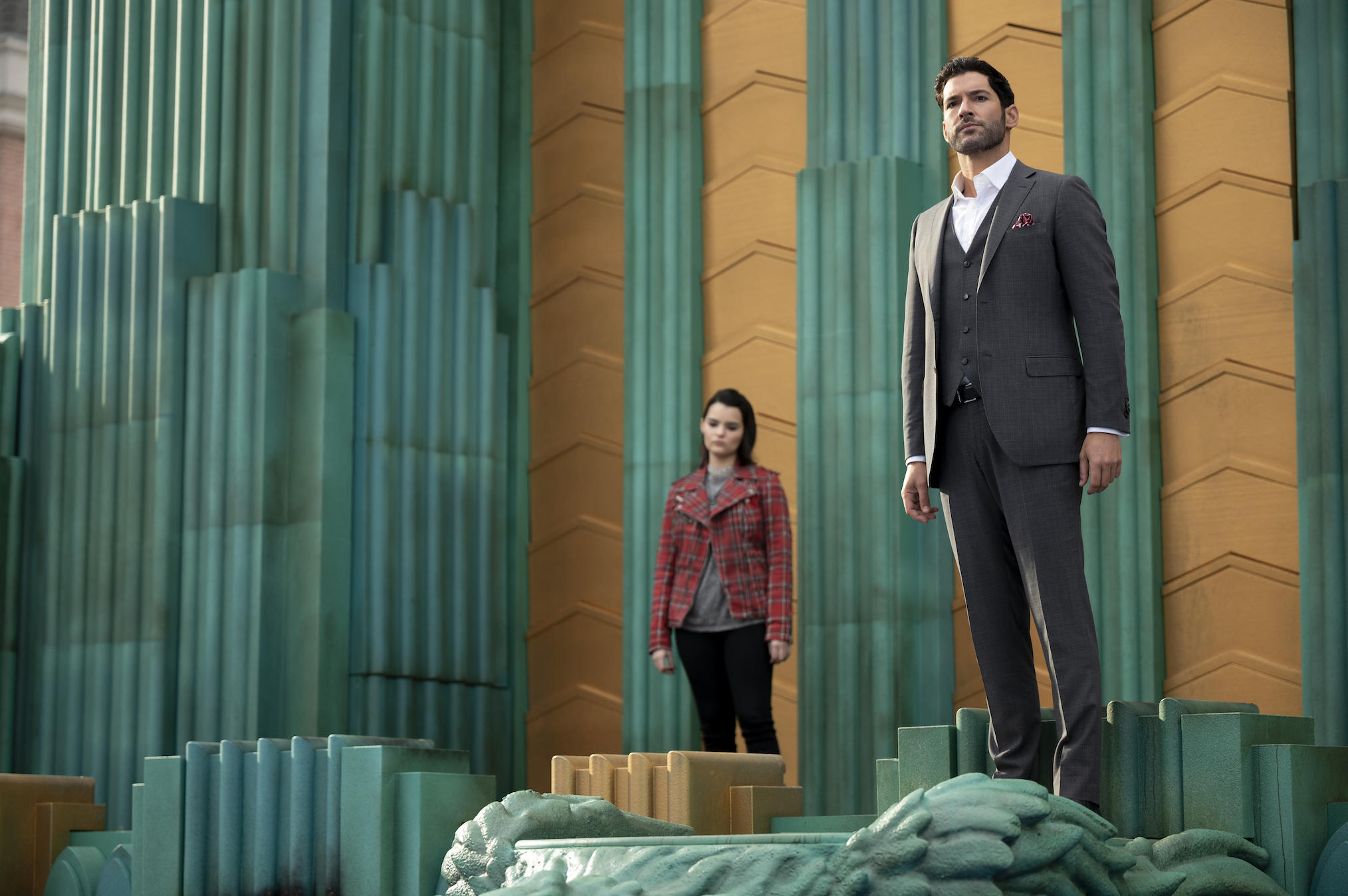 Brianna Hildebrand as Rory, Tom Ellis as Lucifer in Lucifer