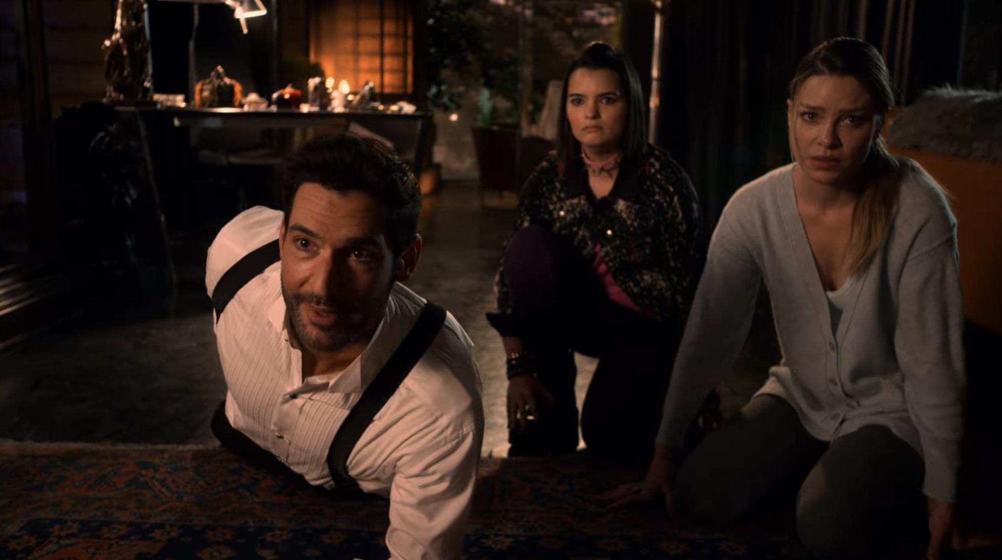 Tom Ellis as Lucifer, Brianna Hildebrand as Rory, Lauren German as Chloe in Lucifer