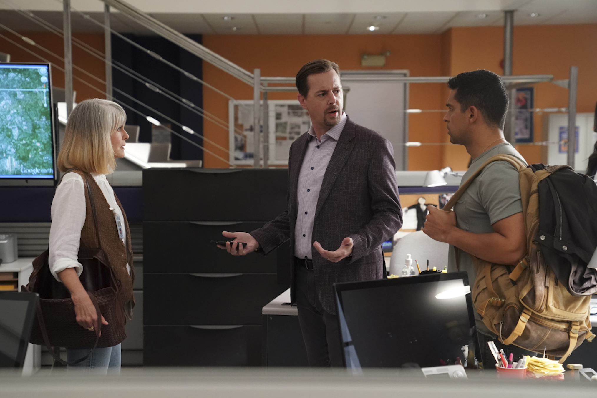 Pam Dawber as Marcie, Sean Murray as McGee, Wilmer Valderrama as Torres in NCIS