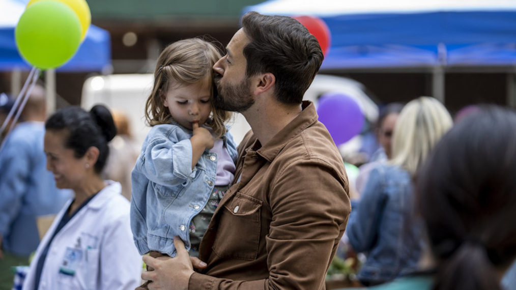 Nora and Opal Clow as Luna Goodwin, Ryan Eggold as Dr. Max Goodwin in New Amsterdam