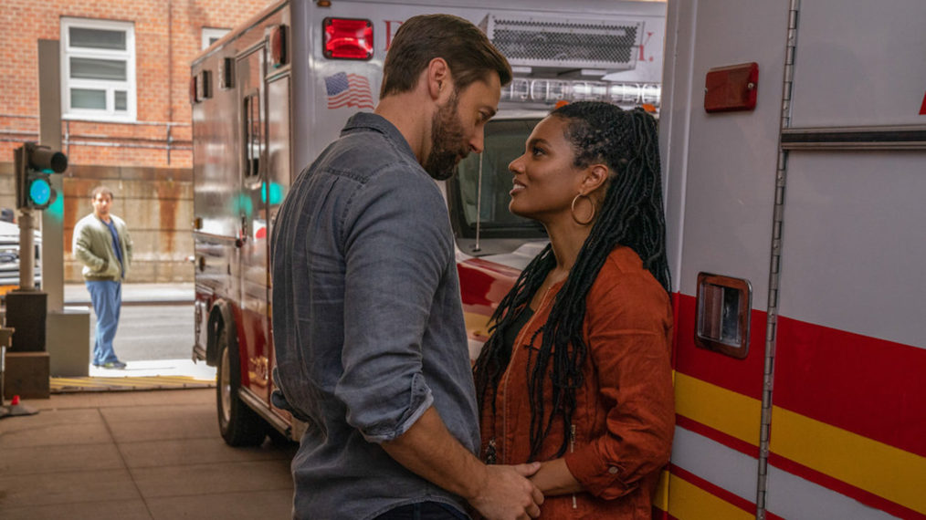 Alejandro Hernandez as Casey, Ryan Eggold as Max, Freema Agyeman as Helen in New Amsterdam