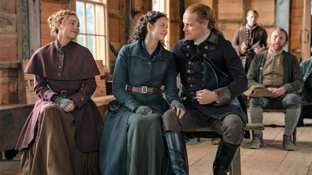 Outlander Season 6 Sophie Skelton, Caitriona Balfe, and Sam Heughan