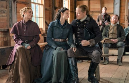 Outlander Season 6 Sophie Skelton, Caitriona Balfe, and Sam Heughan