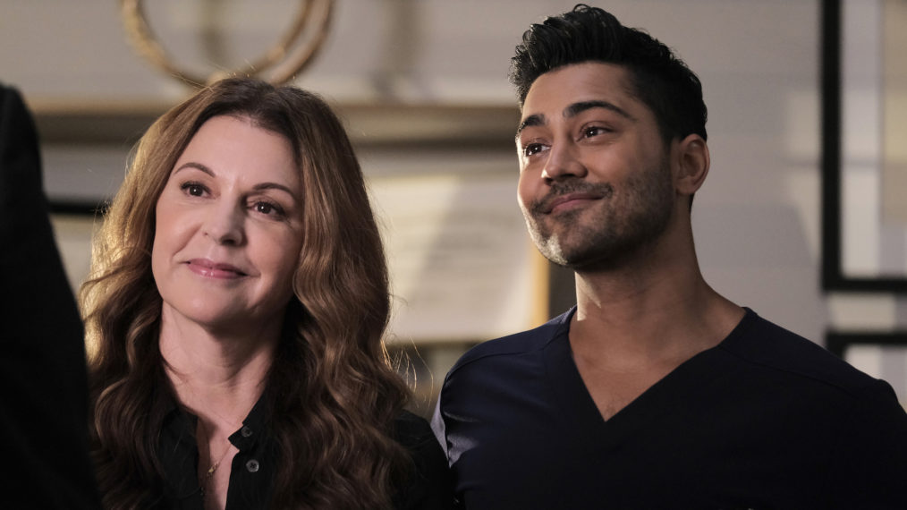 Jane Leeves as Kit, Manish Dayal as Devon in The Resident