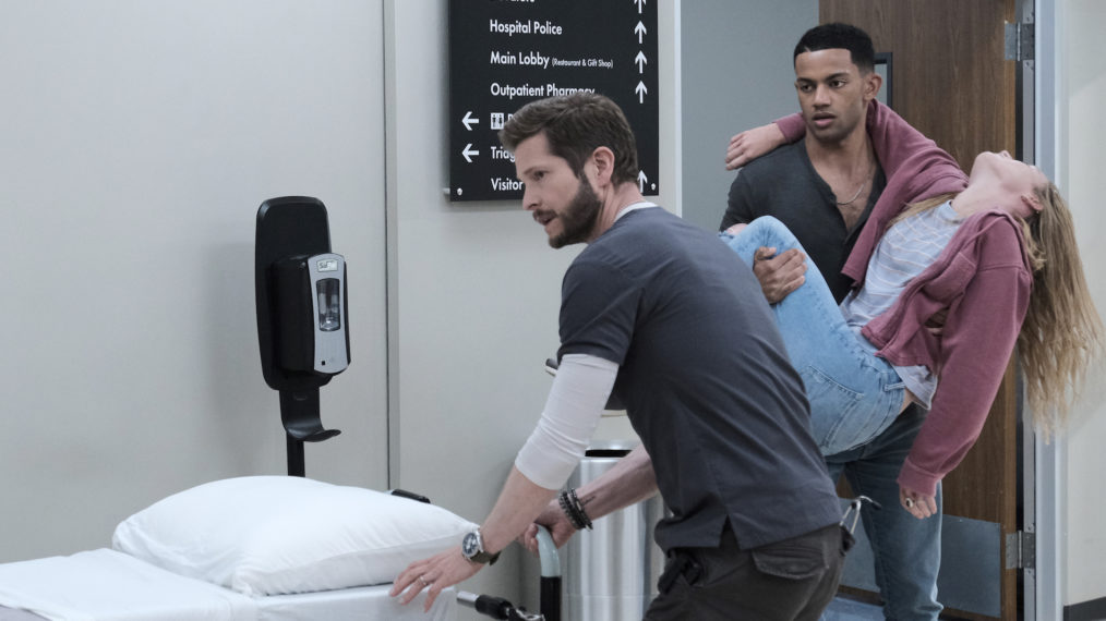 Matt Czuchry as Conrad, Miles Fowler as Trevor, and guest star Marnee Carpenter in The Resident