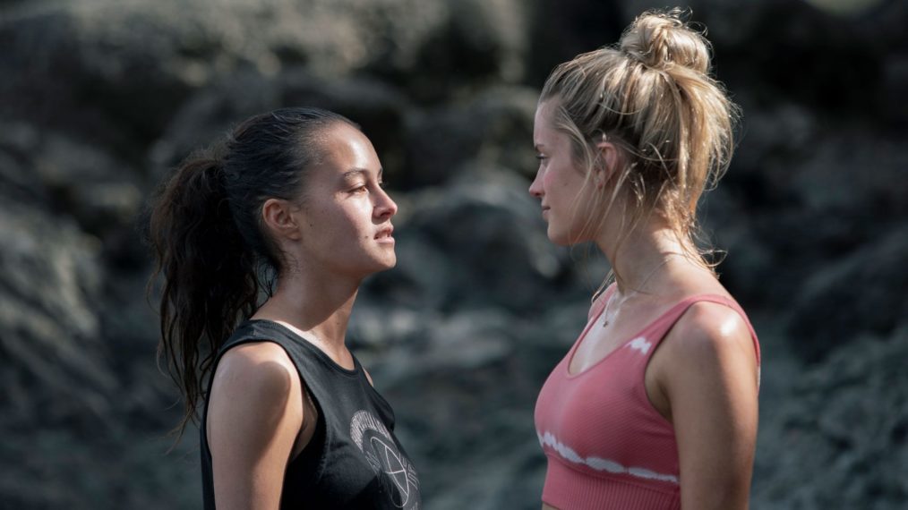 Erana James as Toni and Mia Healey as Shelby in The Wilds - Season 1