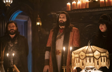 Matt Berry as Laszlo, Kayvan Novak as Nandor, Natasia Demetriou as Nadja in What We Do in the Shadows