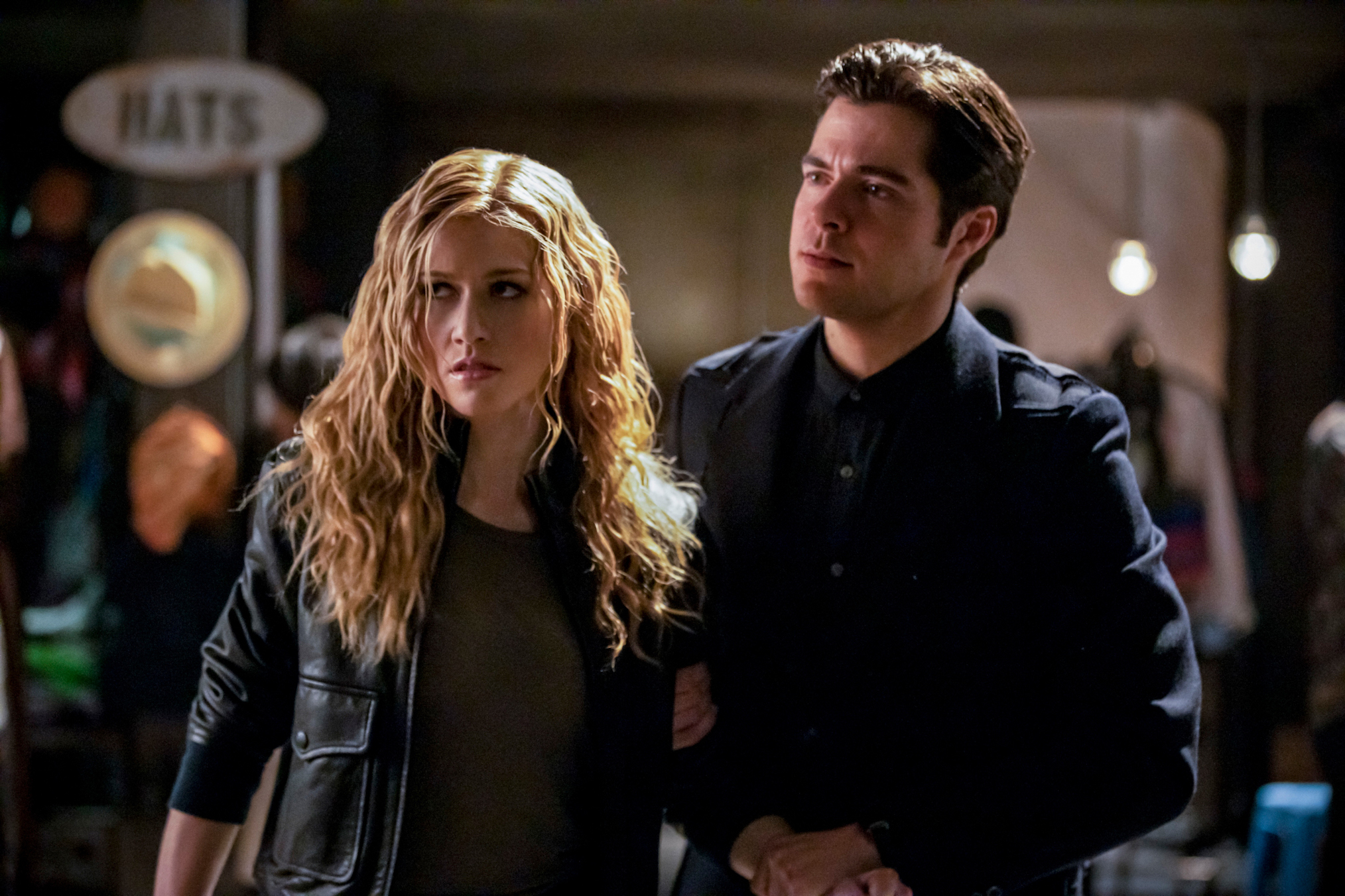 Katherine McNamara as Mia, Ben Lewis as William in Arrow