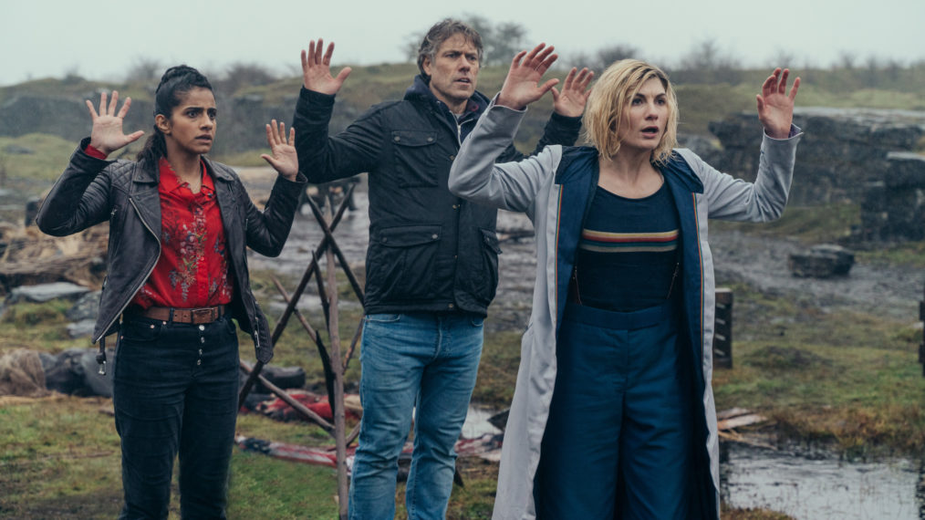 Jodie Whittaker as The Doctor, Mandip Gill as Yasmin Khan, John Bishop as Dan in Doctor Who