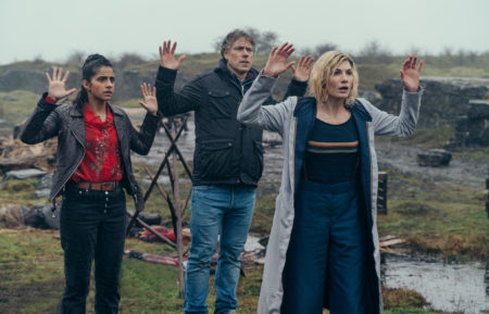 Jodie Whittaker as The Doctor, Mandip Gill as Yasmin Khan, John Bishop as Dan in Doctor Who