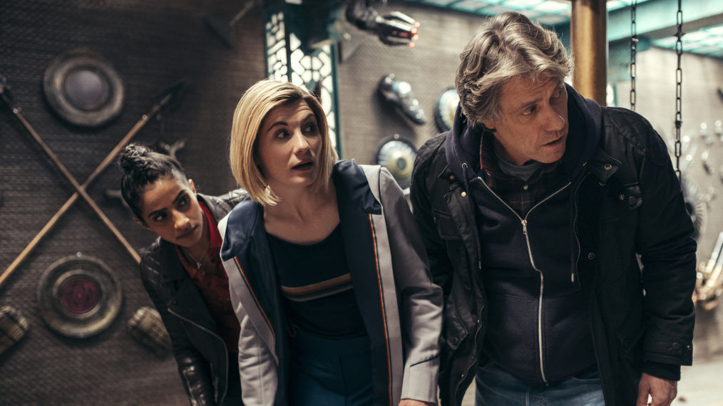 Mandip Gill as Yaz, Jodie Whittaker as The Doctor, John Bishop as Dan in Doctor Who