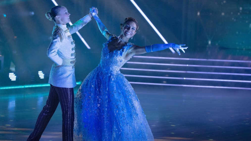 JoJo Siwa and Jenna Johnson performing a Cinderella themed Viennese Waltz on Disney Heroes Night of Dancing With the Stars.