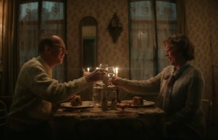 David Thewlis as Christopher and Olivia Colman as Susan toasting in 'Landscapers' on HBO