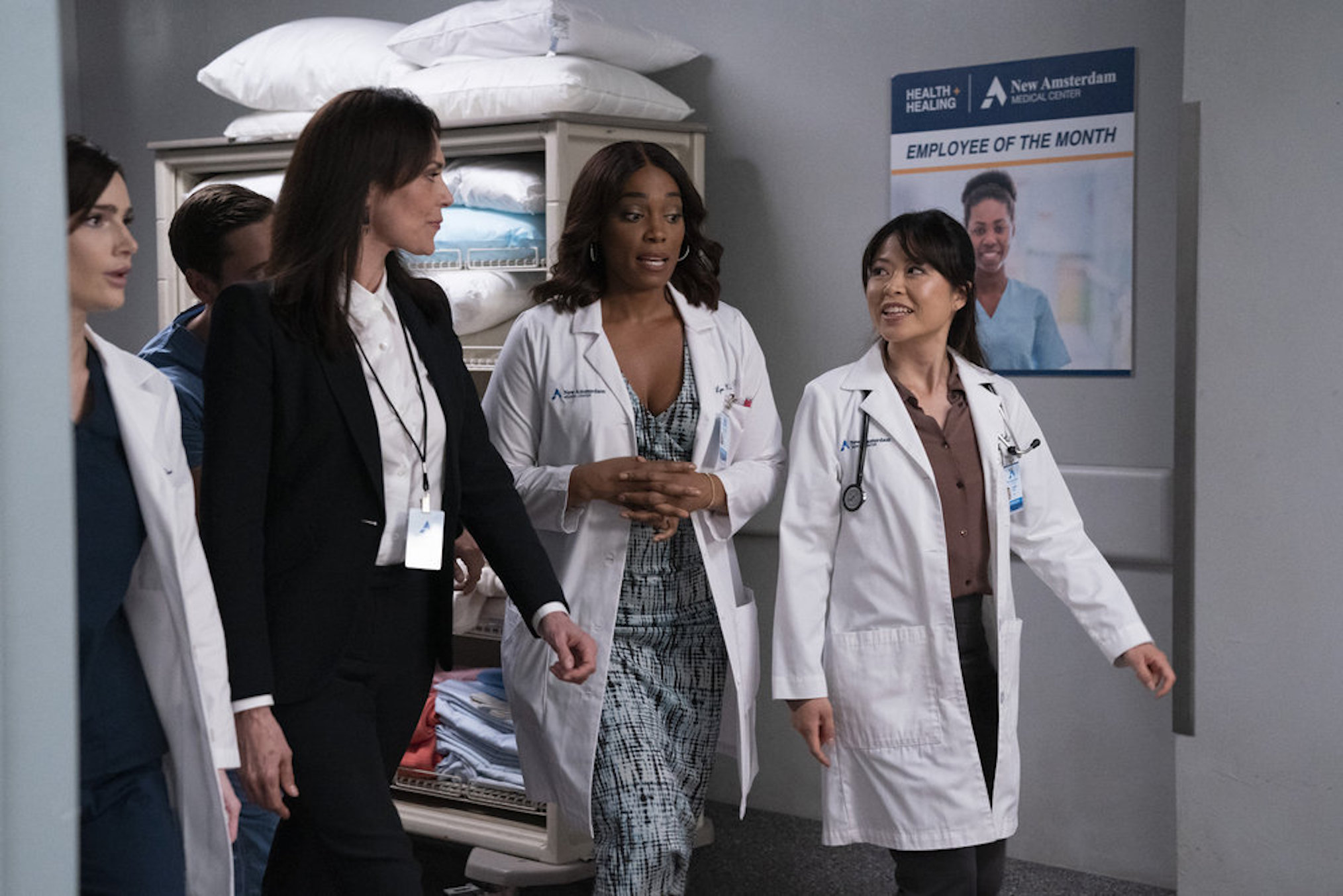 Janet Montgomery, Ryan Eggold, Michelle Forbes, Frances Turner, Christine Chang in New Amsterdam