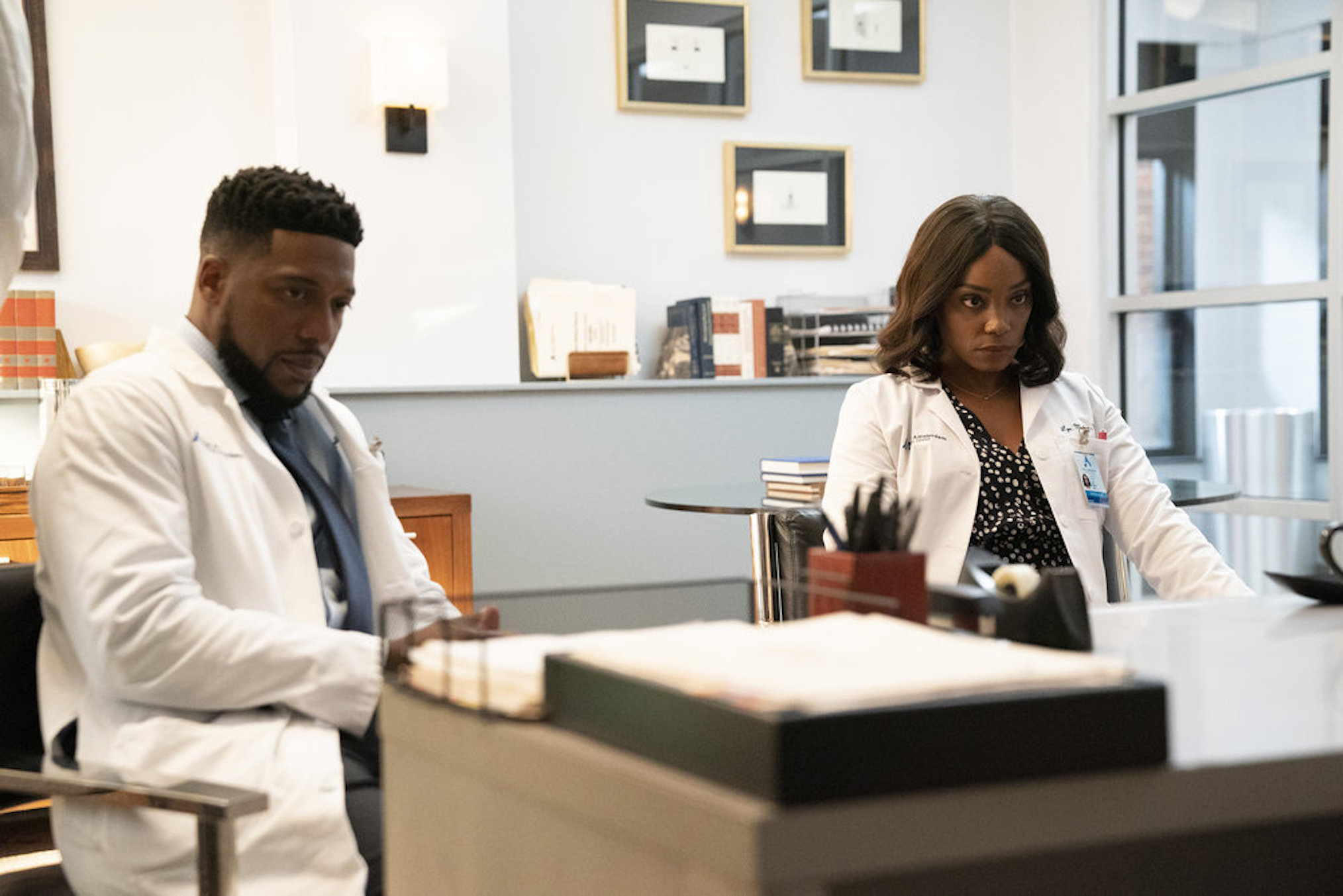 Jocko Sims as Dr. Floyd Reynolds, Frances Turner as Dr. Lyn Malvo in New Amsterdam