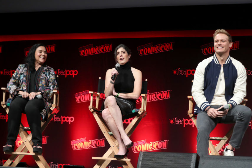 Outlander New York Comic Con 2021, Diana Gabaldon, Maril Davis, and Sam Heughan 