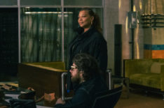 Queen Latifah as Robyn McCall and Adam Goldberg as Harry in The Equalizer