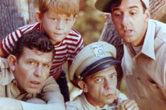 Andy Griffith as Sheriff Andy Taylor, Jim Nabors as Gomer Pyle, Ron Howard as Opie Taylor, and Don Knotts as Deputy Barney Fife in 'The Andy Griffith Show', circa 1963
