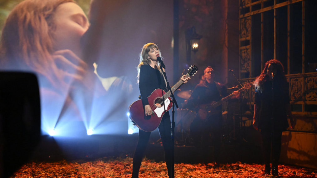 Taylor Swift during her 10-minute long performance of 'All Too Well' on Saturday Night Live.