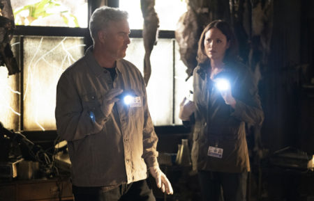 William Petersen as Dr. Gil Grissom, Jorja Fox as Sara Sidle in CSI Vegas