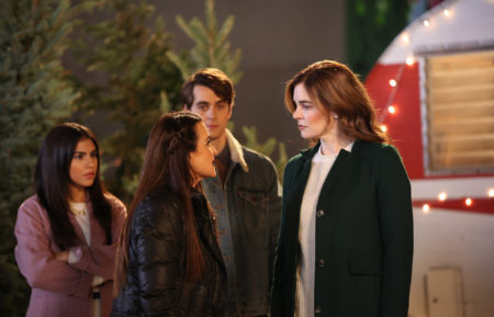 Jearnest Corchado as Skye, Kyle Richards as Trish, Kyle Selig as Jake, Betsy Brandt as Diana in The Housewives of the North Pole